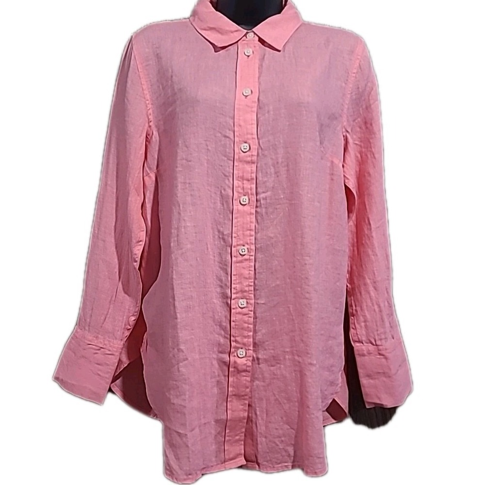 Talbots 100% Linen Button Up Blouse Size PM Bright Highlighter Pink Beach Resort
